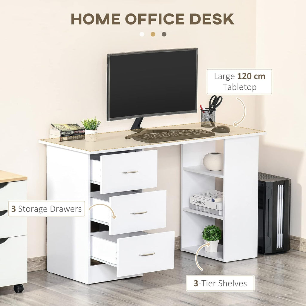 【NS】Computer Desk, Writing Table, PC Workstation with 3 Storage Shelves and Drawers, Silver Handle, for Home Office, White
