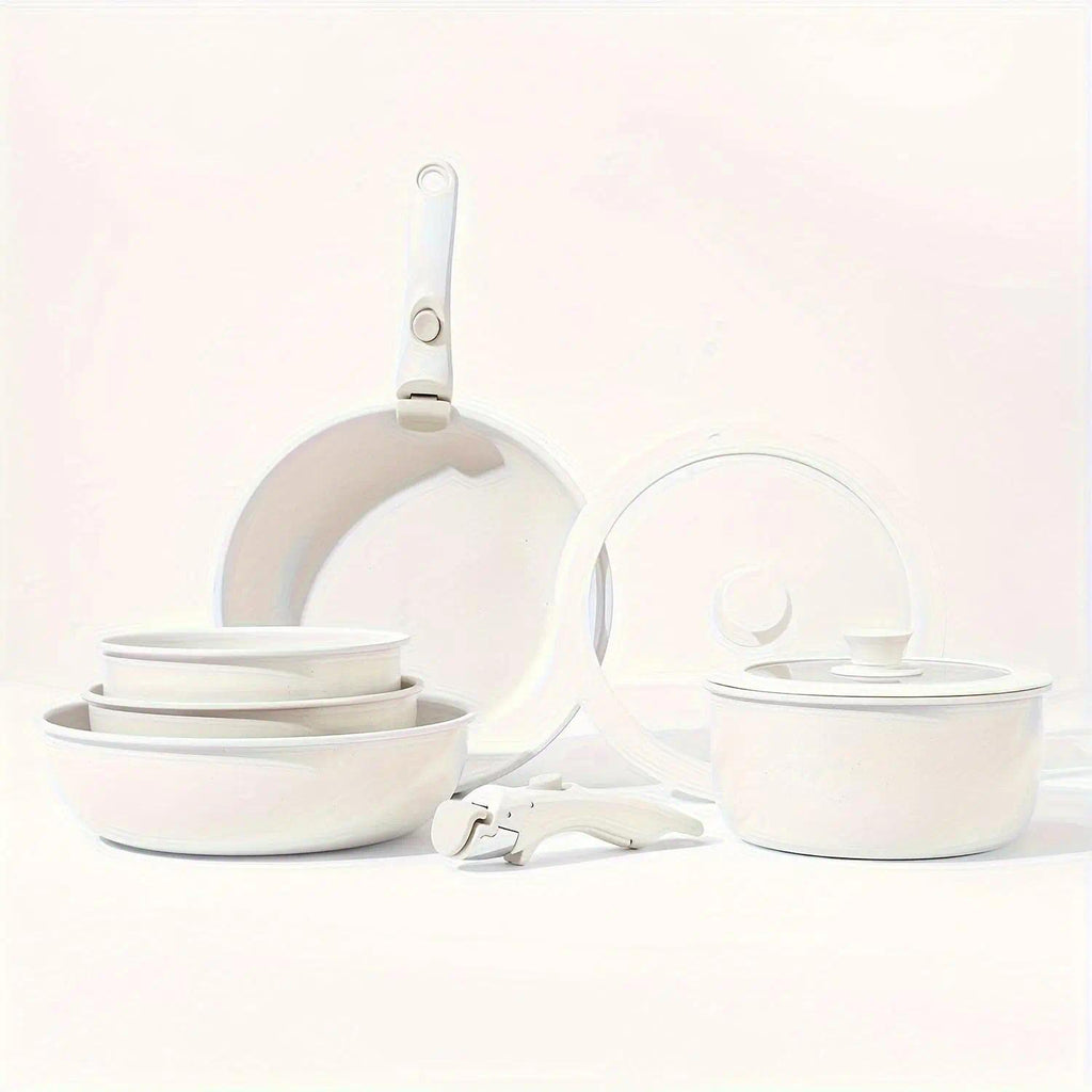 Detachable Handle Cookware Set, Non-Stick Pots and Pans with Lids, Portable Kitchen Cooking Set for Home & Outdoor Camping, Stackable Space-Saving Cookware