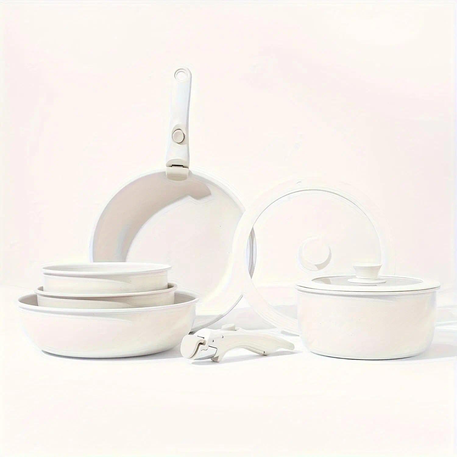 Detachable Handle Cookware Set, Non-Stick Pots and Pans with Lids, Portable Kitchen Cooking Set for Home & Outdoor Camping, Stackable Space-Saving Cookware
