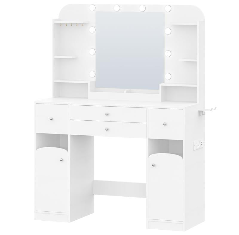 【NS】Dressing Table with Mirror, Vanity Table with Adjustable Brightness, Power Strip, 4 Drawers and 2 Open Cabinets, 5 Jewelry Hooks, Open Compartments, White,