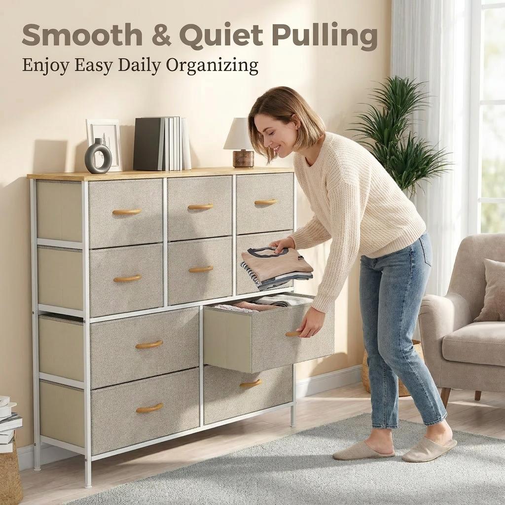 10-Drawer Fabric Storage Tower with Metal Frame & MDF Top, Non-Woven Organiser for Bedroom, Living Room, Hallway – Beige/White/Wood Tone (100x30x97cm)