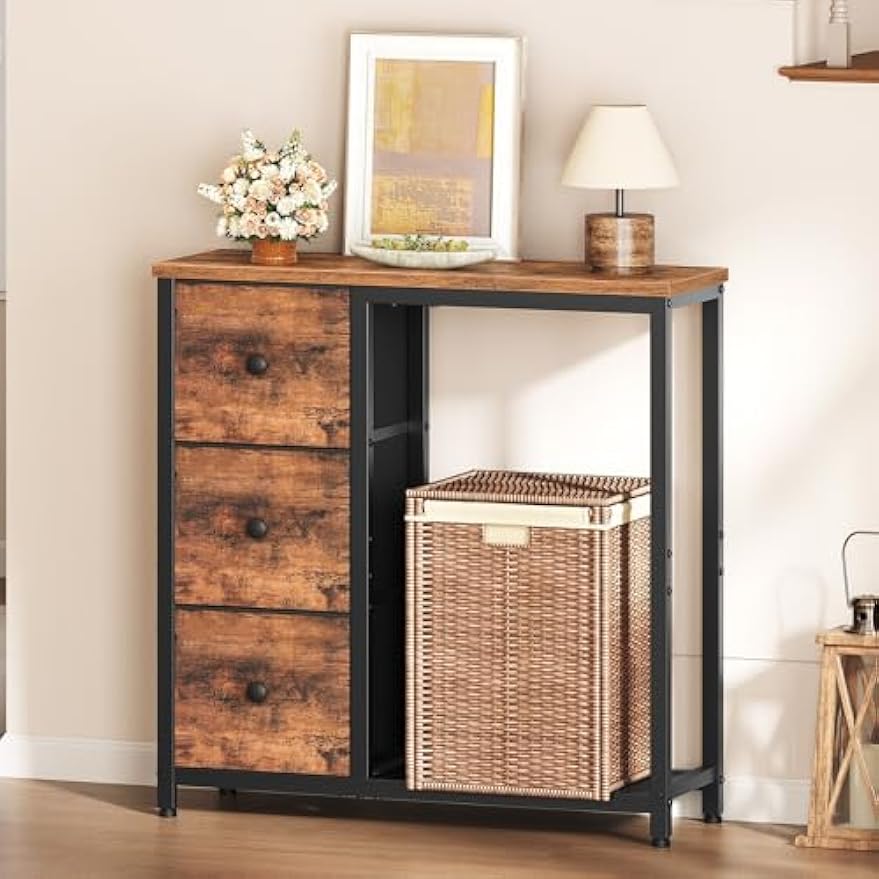 【NS】Slim Console Table, Sofa Table with 3 Fabric Drawers, Hallway Table with 2-Tier Storage Shelf, Industrial Storage Table, for Entryway, Living Room, Corridor, Rustic Brown and Black