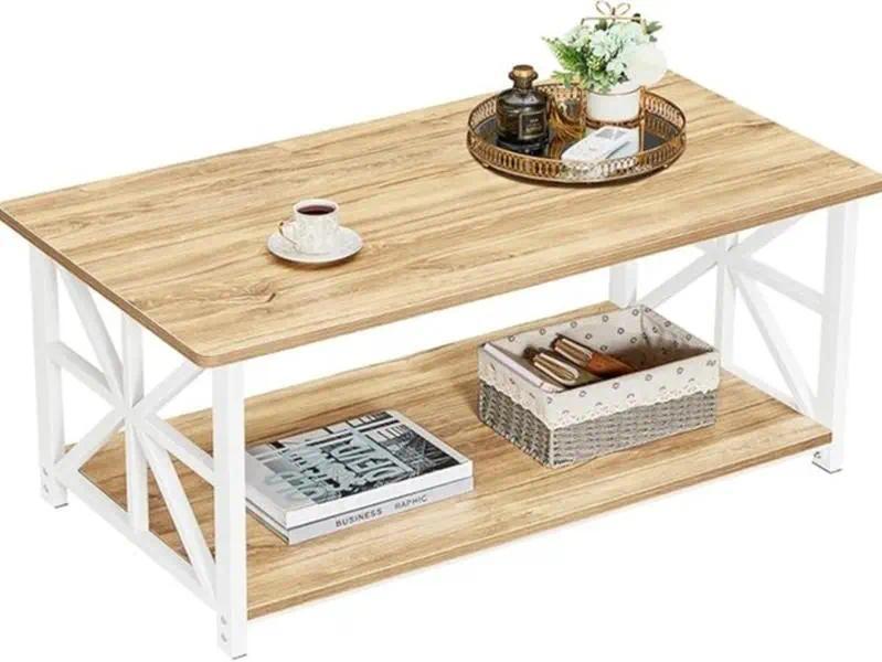 2-Tier Storage Coffee Table, 100cm Modern X-Frame Accent Table with Safe Rounded Corners, Multipurpose Side Table for Living Room Home Office