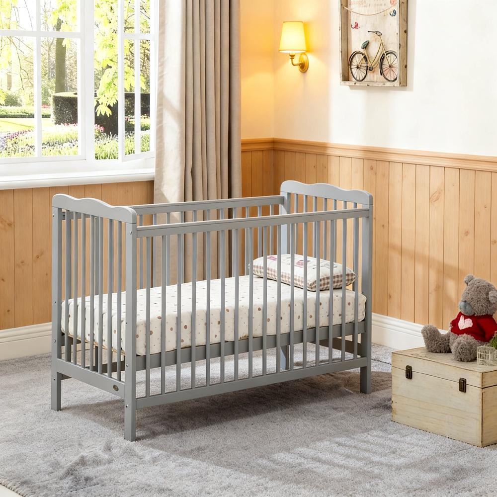 Baby Cot Crib with Waterproof Mattress & Adjustable Height - Grey/White Modern Nursery Bed, Safe Newborn Sleeping Crib [Plus A Free Gift]