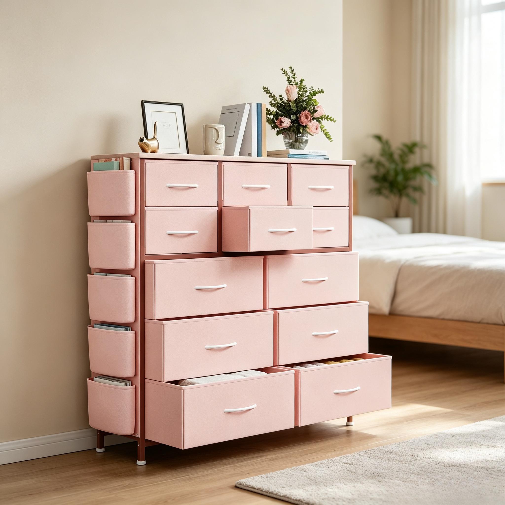 12‑Drawer Fabric Dresser for Bedroom, Chest of Drawers Storage Organizer with Side Pockets & Hooks, Sturdy Steel Frame Dresser Cabinet with Waterproof Wood Top, Multi‑Purpose Storage Unit for Closet, Hallway, Living Room Home Organization