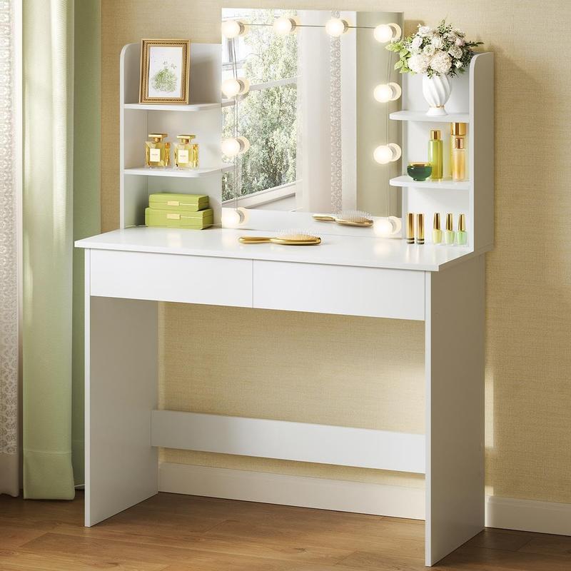 【NS】[Dressing Table with LED Lights, 3 Adjusting Lighting Modes, Makeup Vanity Mirror Dressing Table with 2 Drawers and 6 Open shelves, White Dressing Table for Bedroom,Living Room, Valentine's Day gift