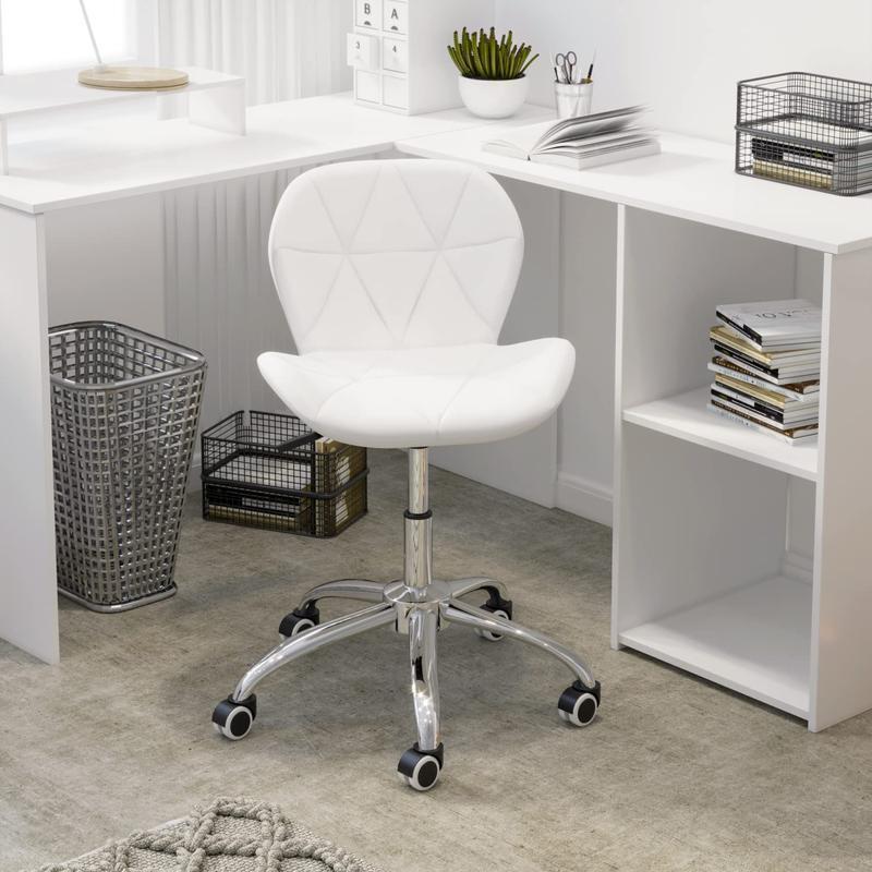 Swivel Makeup Vanity Chair & Office Stool - Adjustable Pink Dressing Chair with Wheels, Diamond Tufted Upholstery in PU/Fabric/Velvet Options, Armless Height-Adjustable Seat for Desk, Bedroom, or Dorm