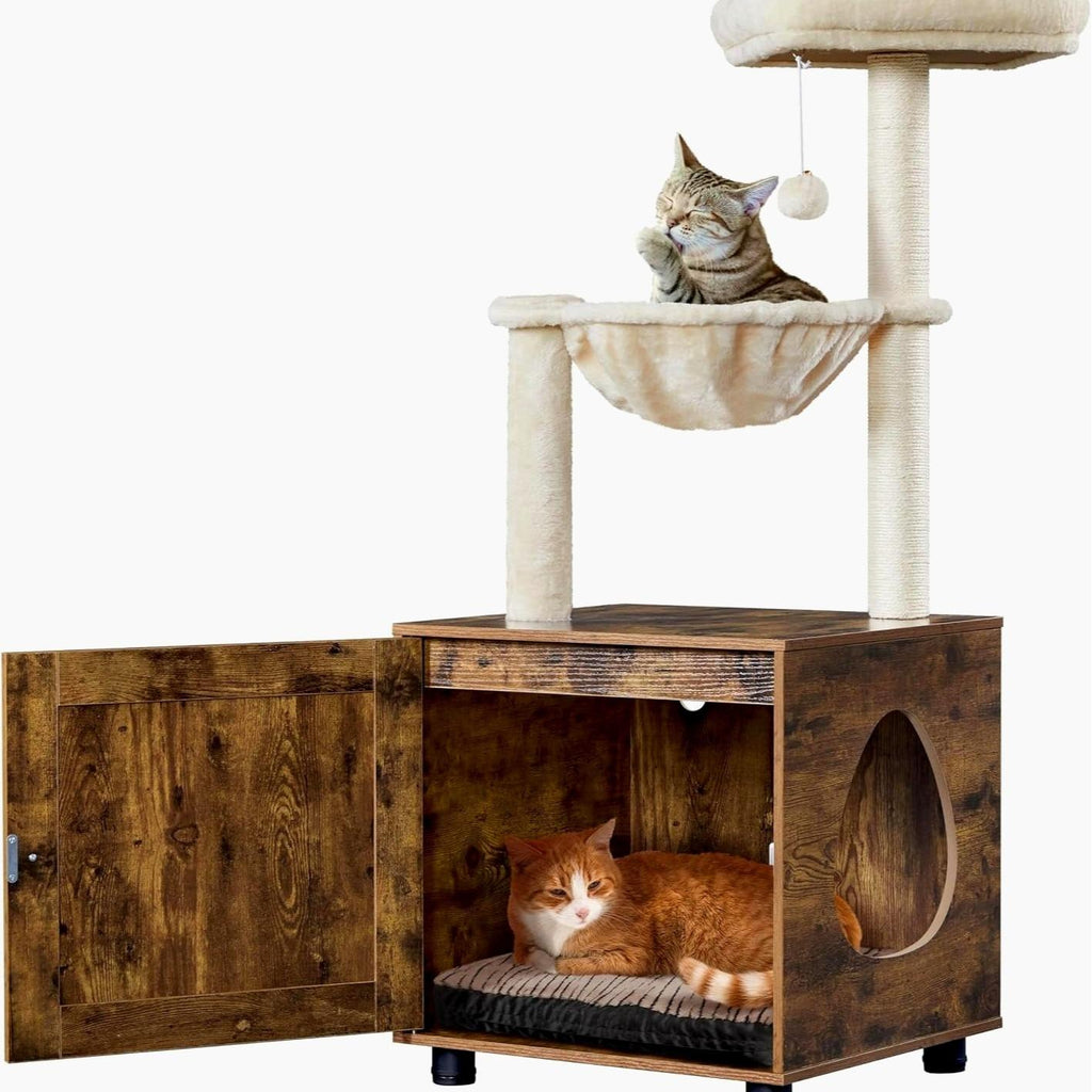 Cat Tree Tower with Hidden Litter Box Enclosure, All‑in‑One Wooden Cat Furniture for Indoor Large Cats, Kitty Washroom Cabinet with Condo, Hammock, Sisal Scratching Posts, Top Perch Platform, Multi‑Level Pet Kitten House