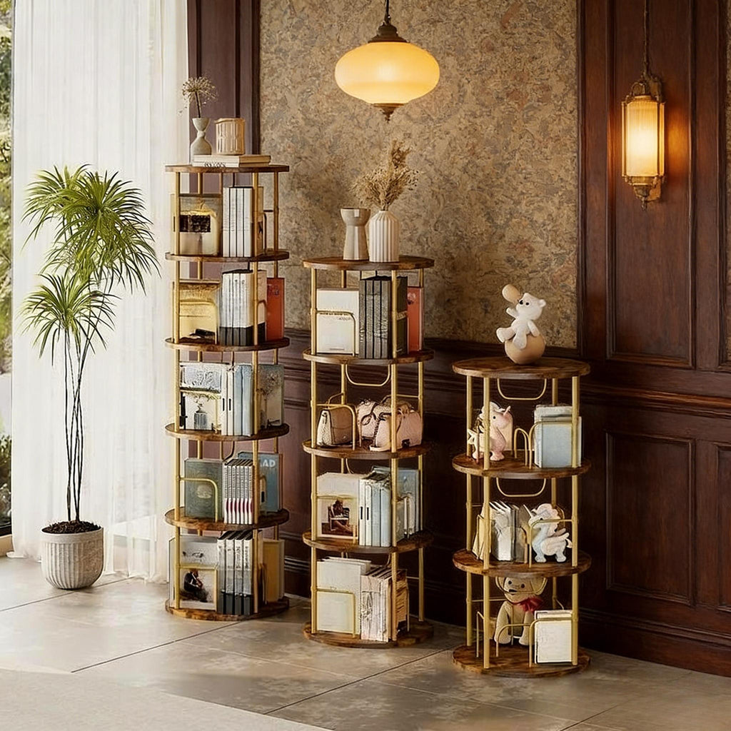 360° Rotating Bookshelf, 4-5 Tier Spinning Tower Bookcase, Round High-Capacity Storage Organizer, Space Saving Freestanding Book Shelf for Home Study Bedroom Office