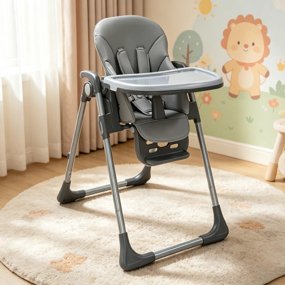 Foldable Baby High Chair with Reclining Seat, Adjustable for 6 Months to 3 Years, Removable Tray & Dishwasher-Safe Liner, Compact Space-Saving Design for Easy Storage