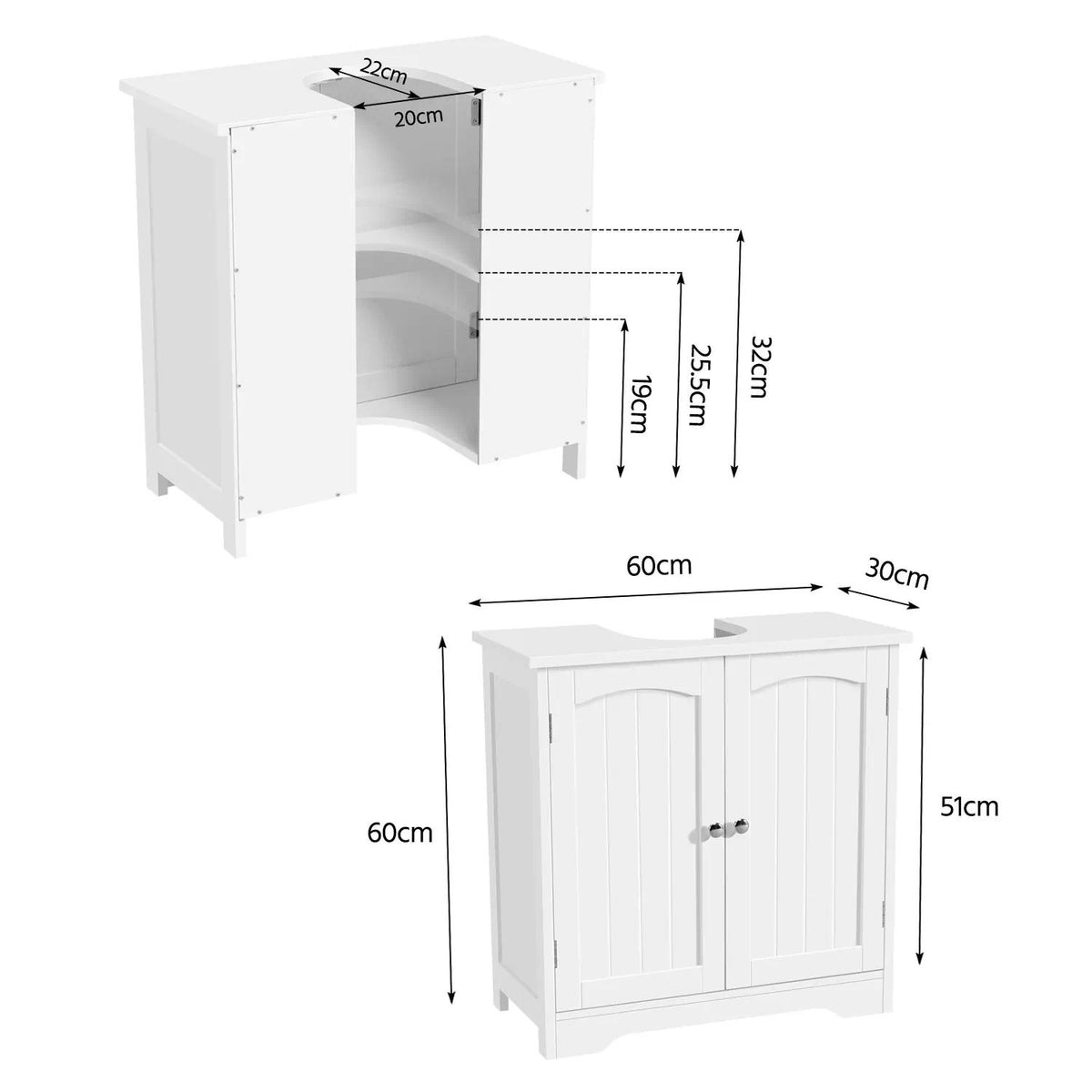 Compact Under Sink Bathroom Cabinet 60x30x60 cm – 2 Door Floor Standing Storage Unit, Pedestal Basin Base with Adjustable Shelf, Small Space Solution for UK Bathroom [Plus A Free Gift]