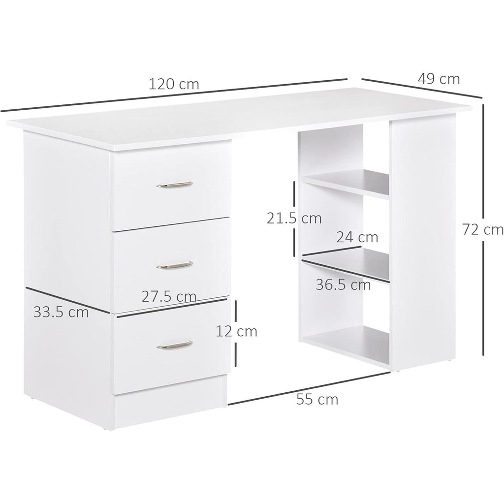 【NS】Computer Desk, Writing Table, PC Workstation with 3 Storage Shelves and Drawers, Silver Handle, for Home Office, White