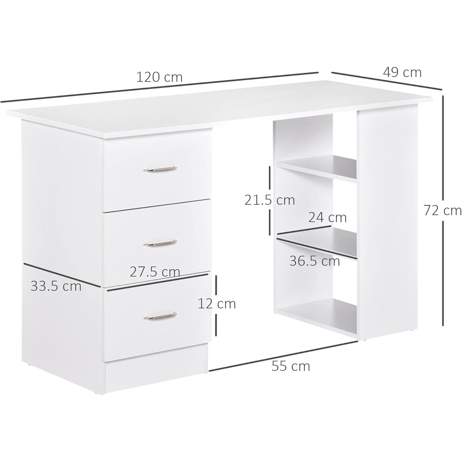 【NS】Computer Desk, Writing Table, PC Workstation with 3 Storage Shelves and Drawers, Silver Handle, for Home Office, White