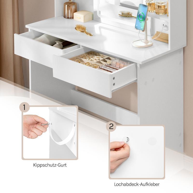【NS】[Dressing Table with LED Lights, 3 Adjusting Lighting Modes, Makeup Vanity Mirror Dressing Table with 2 Drawers and 6 Open shelves, White Dressing Table for Bedroom,Living Room, Valentine's Day gift