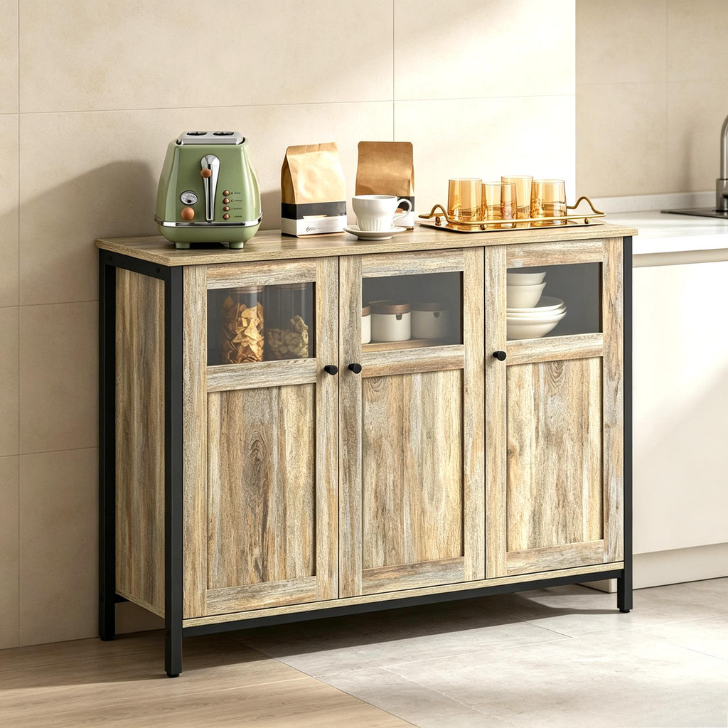 Industrial Style Sideboard Buffet Cabinet, Glass & Solid Panel Storage Cabinet with Adjustable Shelf and Robust Steel Frame, Modern Multipurpose Accent Furniture for Kitchen, Hallway, Living Room and Dining Room Decor