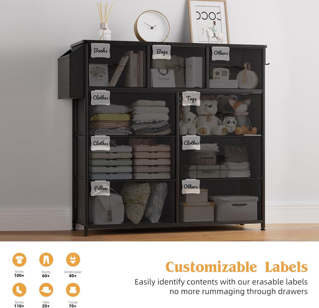 9 Drawers Metal Frame Dresser - Canvas Fabric Chest of Drawers with Label Cards, Side Pocket & Hook for Bedroom, Living Room, Hallway Storage Organizer [Plus A Free Gift]