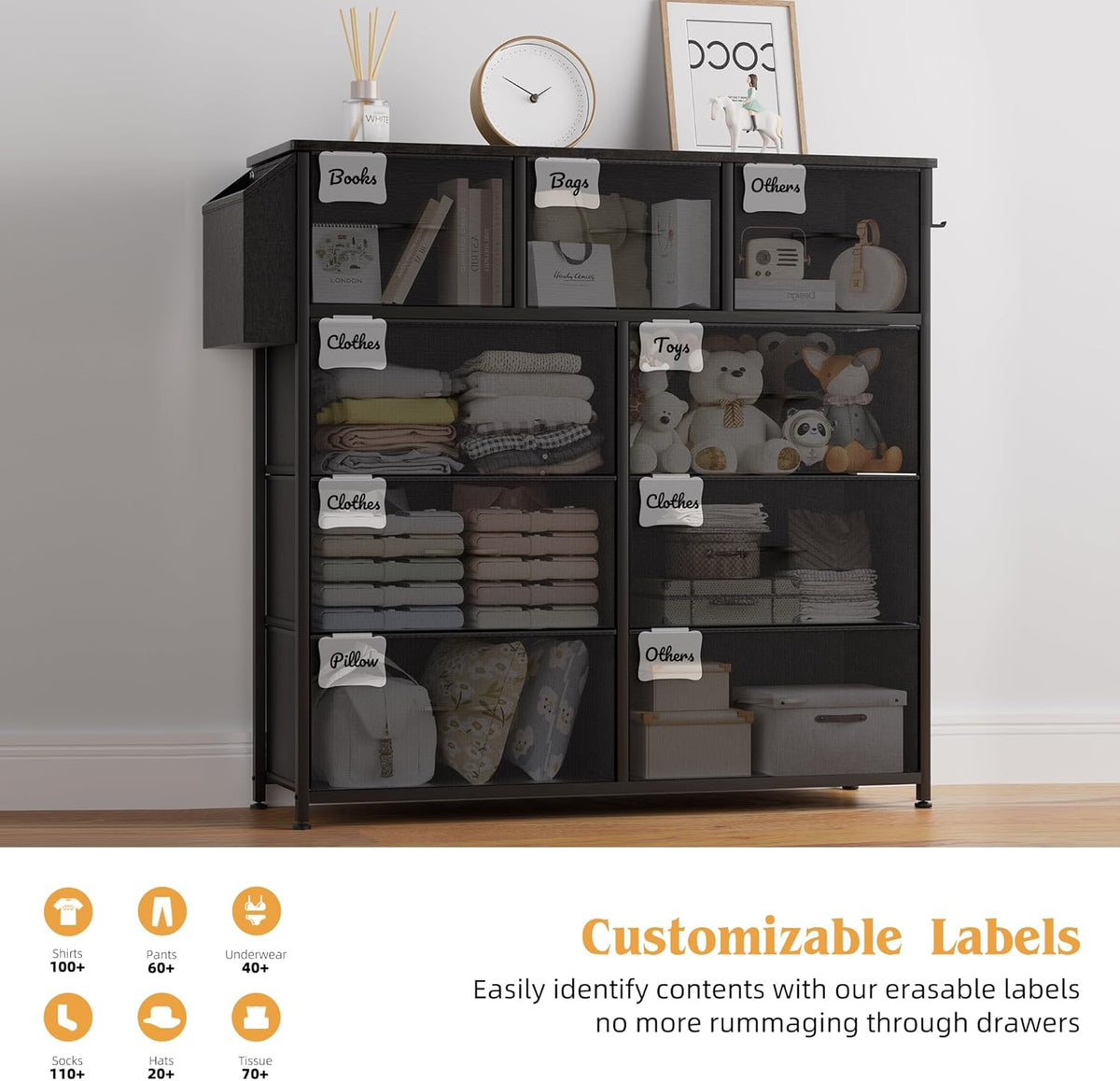 9 Drawers Metal Frame Dresser - Canvas Fabric Chest of Drawers with Label Cards, Side Pocket & Hook for Bedroom, Living Room, Hallway Storage Organizer [Plus A Free Gift]