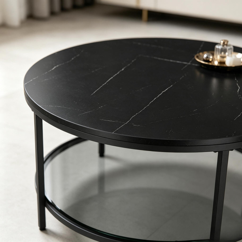 Coffee Table, Living Room Table, Sofa Cocktail Table Faux Marble Round, Tempered Glass Storage Shelf, Easy to Assemble, Modern Style, for Living Room