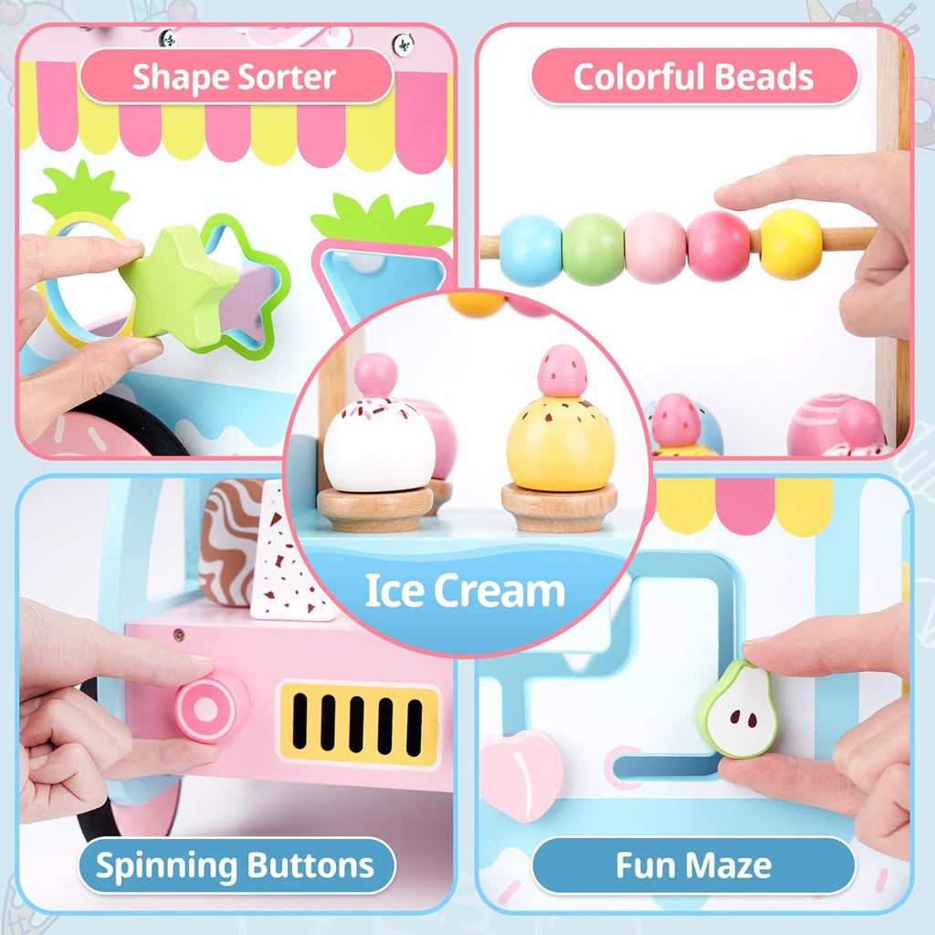 Multifunctional Wooden Ice Cream Shop Push Walker with Silent Wheels Pretend Play Store Activity Center Early Educational Walking Toy Improve Hand Eye Coordination for Toddler Kids 1 2 3 Years Old Girls Boys Ideal Birthday Holiday Present Free