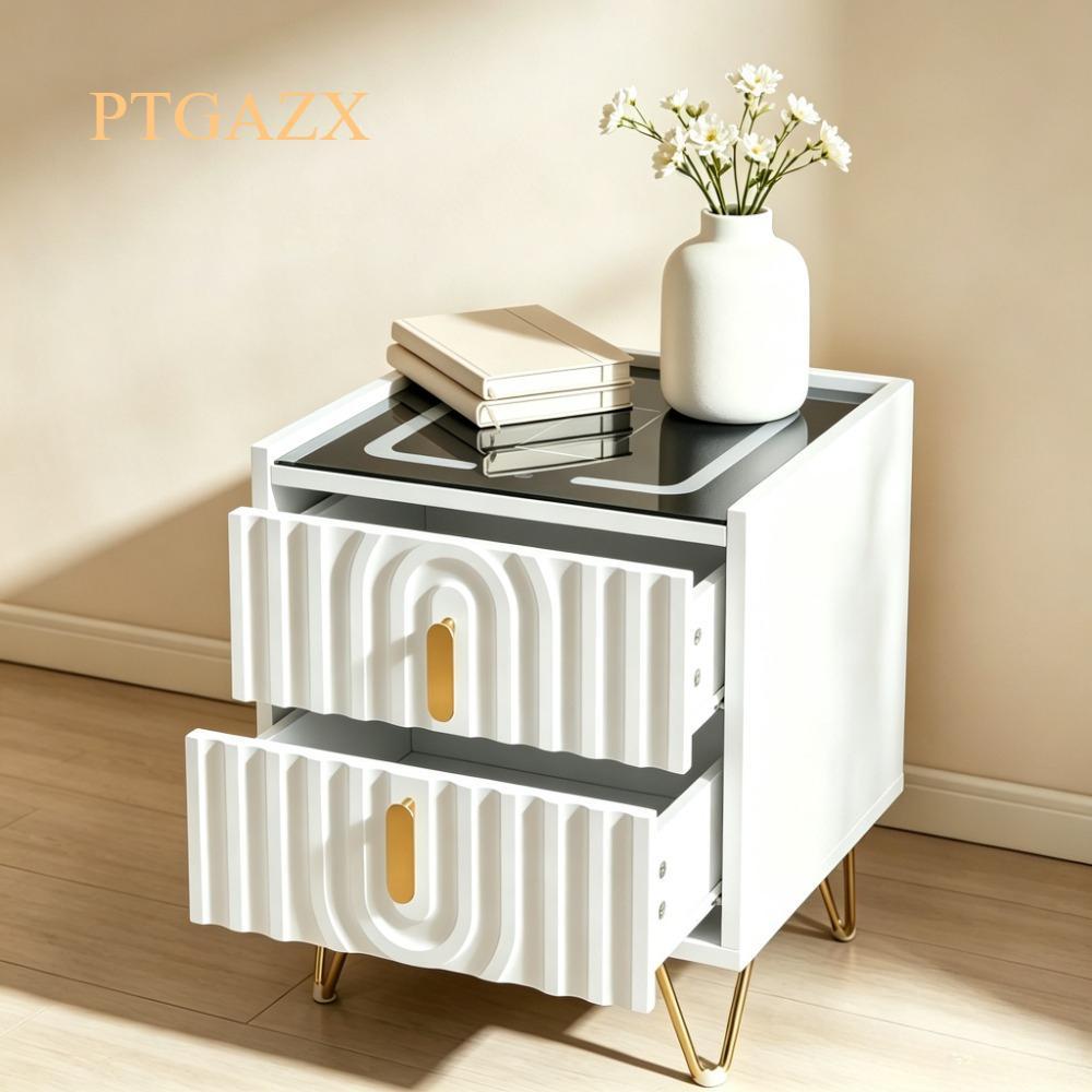 White & Gold Smart Nightstand with Fluted Drawer Fronts, Wireless Charging, Illuminated Glass Top, 2-Drawer Bedside Table [Plus A Free Gift]