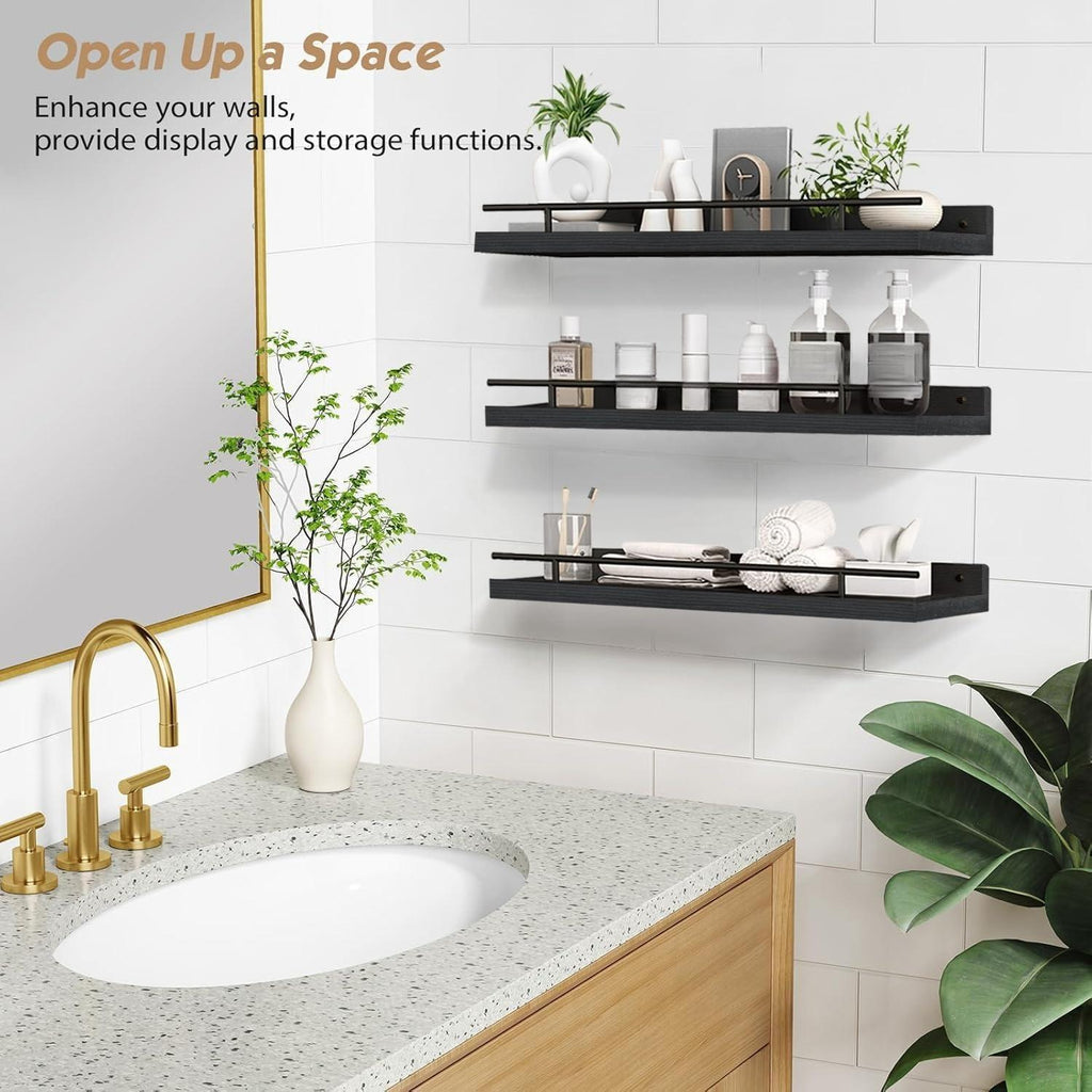 3 Set Floating Wall Mounted Wood Shelves - Versatile Picture Ledge Display Racks & Spice Racks, Decorative Wooden Wall Shelves Ideal for Bathroom, Living Room, Kitchen, Home Office & Laundry Room, Space-Saving Home Storage Decor
