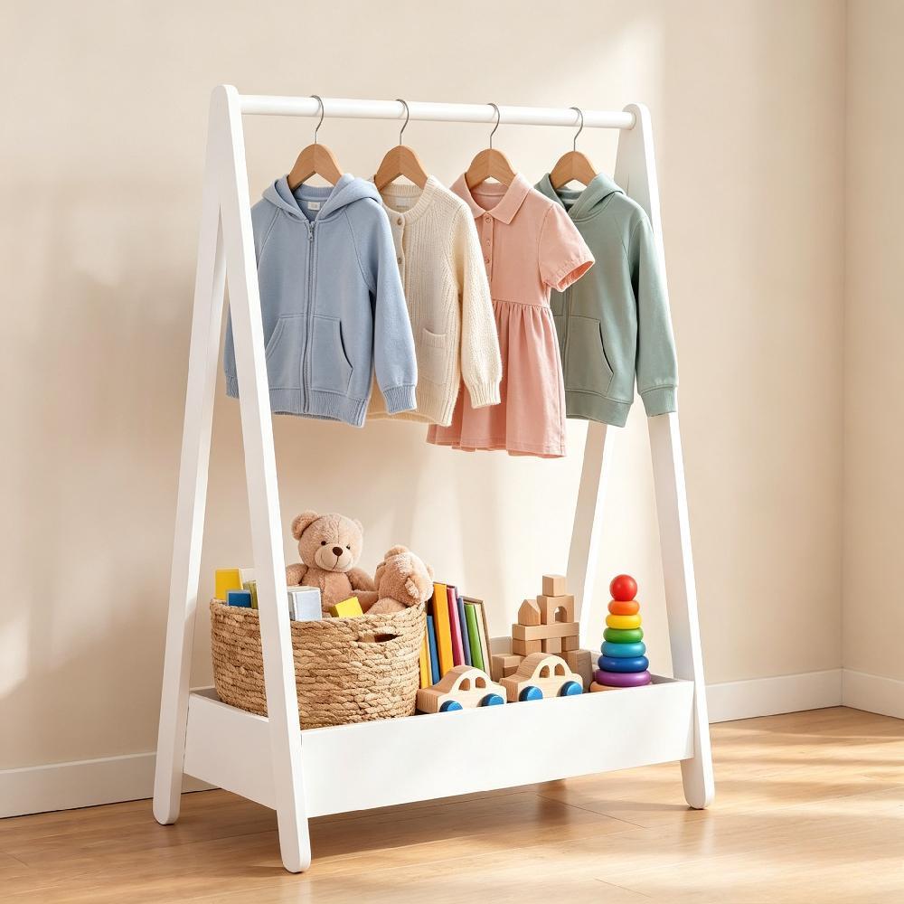 Kids Clothes Rack Solid Pine Wood White – 99H x 64.5W x 42D cm, Space-Saving Hanging Rail with Storage Shelf, Portable Stand for Toys & Shoes, Children’s Bedroom Organiser [Plus A Free Gift]
