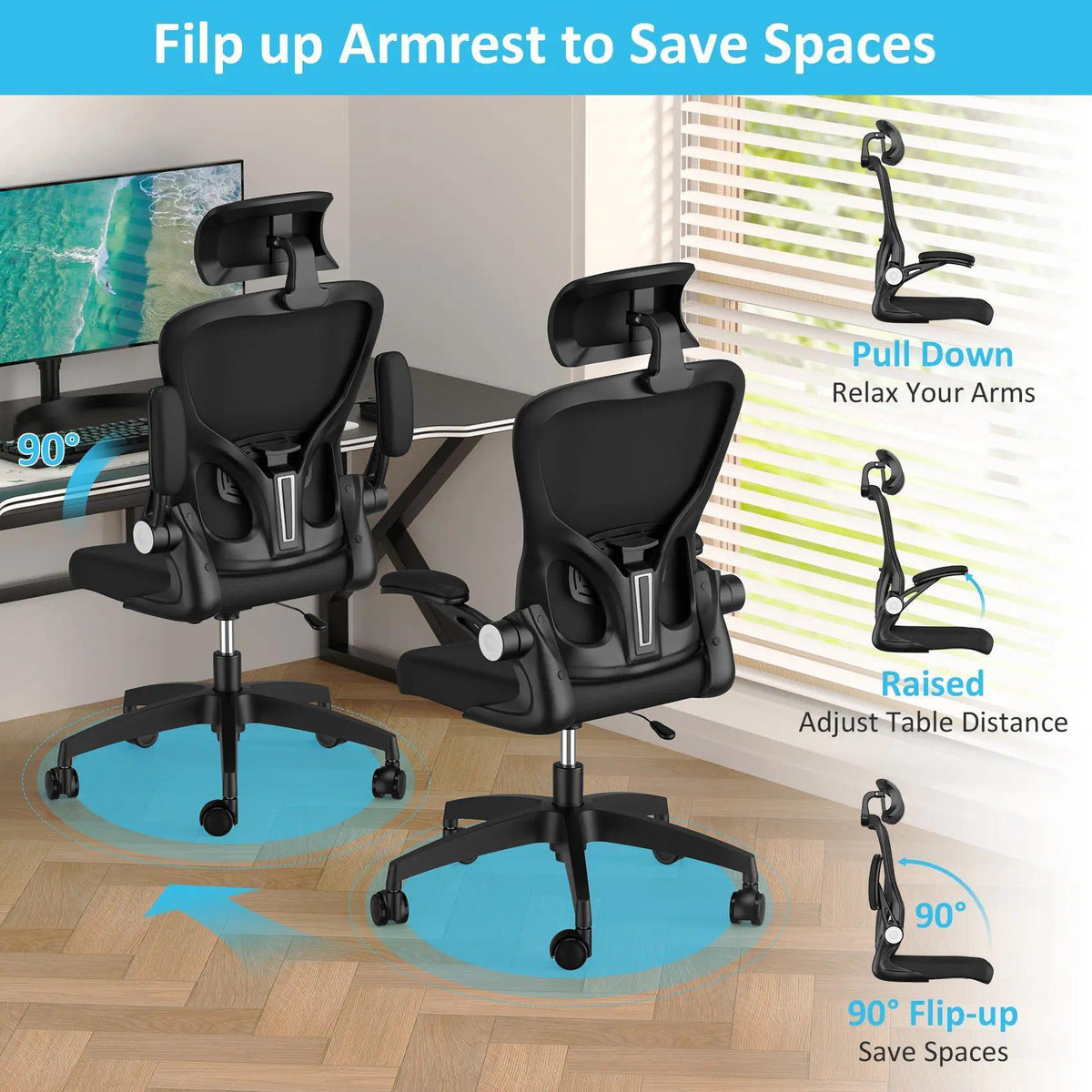 High‑Back Ergonomic Breathable Mesh Office Desk Chair, Adjustable Headrest & Lumbar Support, Flip‑Up Armrests with Rocking Tilt Function, 360° Swivel Rolling Computer Chair for Home Office Study & Gaming