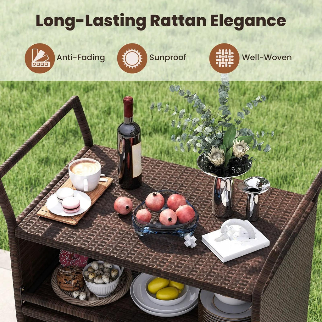 Outdoor Bar Cart, 3‑Tier Patio Rattan Serving Cart with Lockable Universal Wheels, Side Handles & Anti‑Fall Baffles, Versatile Rolling Storage Shelf for Backyard Poolside Porch Party Beverage Dinnerware Organizer