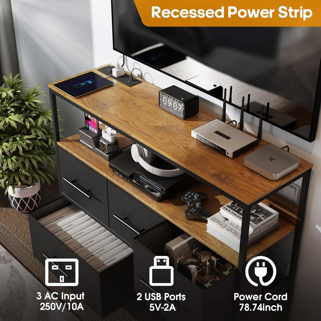 Chest of Drawers with Charging Station, Bedroom Dresser with 5 Fabric Drawers, TV Stand with Storage Shelf, 4 Castors and Metal Frame (Black)