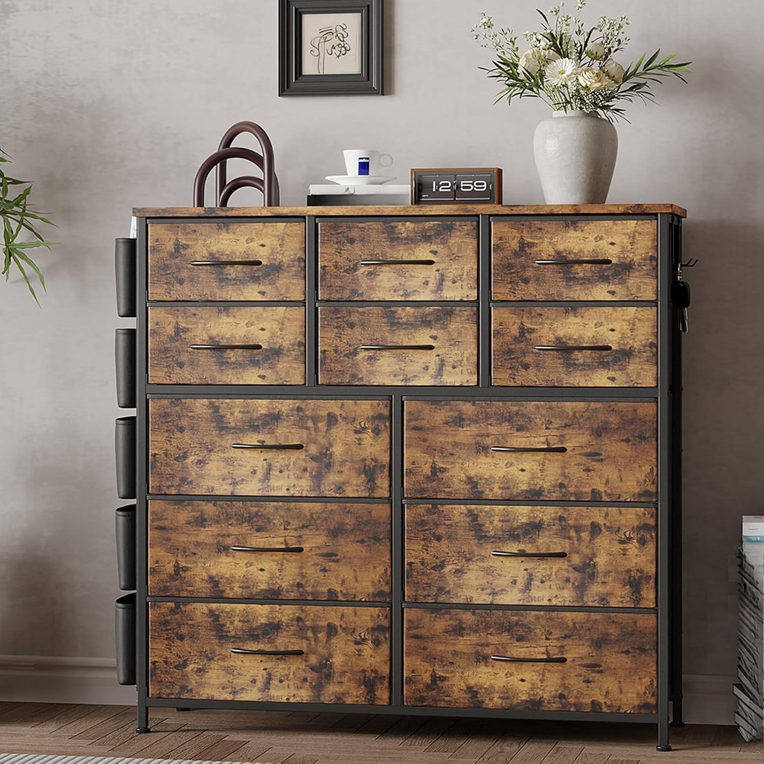 12‑Drawer Fabric Dresser for Bedroom, Chest of Drawers Storage Organizer with Side Pockets & Hooks, Sturdy Steel Frame Dresser Cabinet with Waterproof Wood Top, Multi‑Purpose Storage Unit for Closet, Hallway, Living Room Home Organization