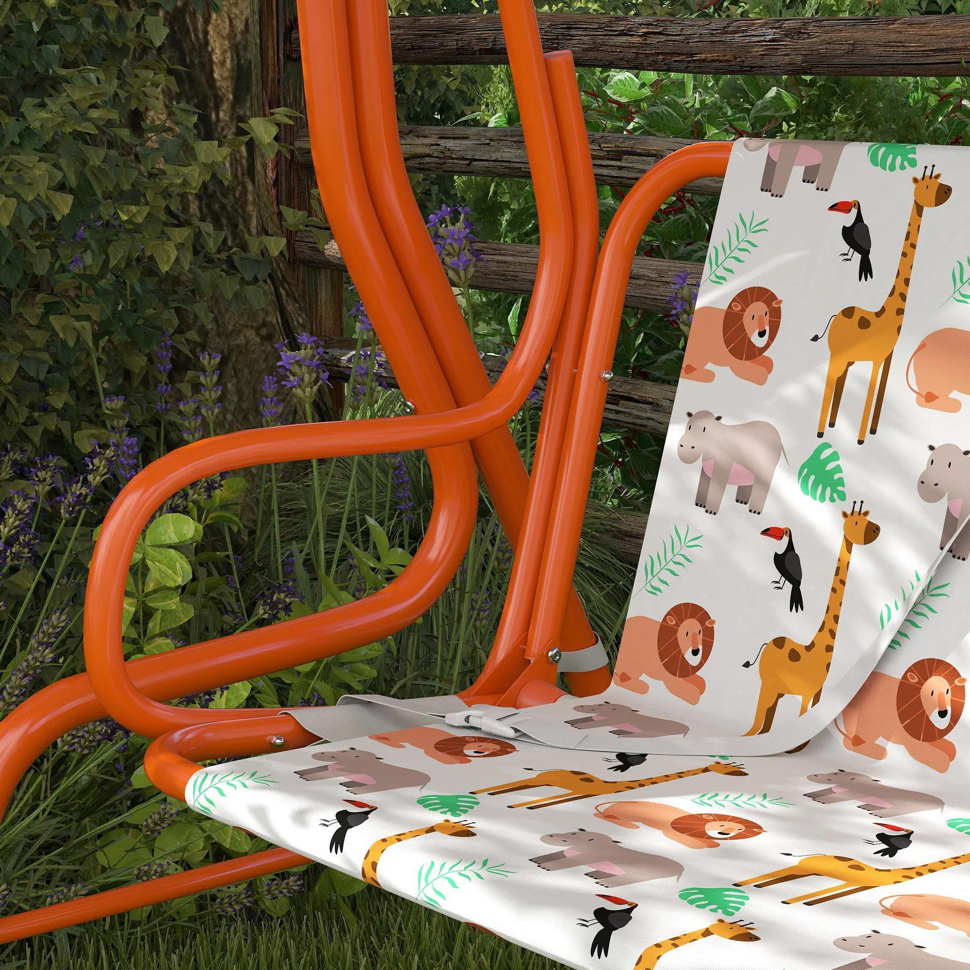 2‑Seater Kids Patio Swing Bench, Orange Weather‑Resistant Swing Chair with Adjustable Canopy & Safety Seat Belts, EN71 Certified Indoor Outdoor Swing Seat for Garden Patio Playroom Backyard