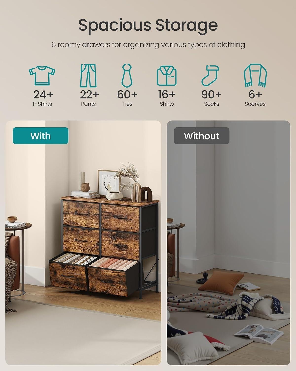 Rustic Brown 6 Fabric Drawers Chest of Drawers, Steel MDF Non‑Woven Storage Unit Dresser with Handy Handles Anti‑Tip Kit Adjustable Feet for Bedroom Closet Hallway Living Room