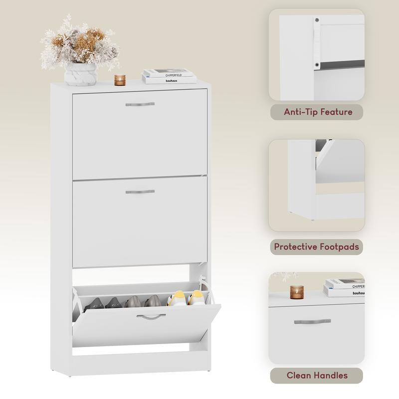 3 Drawer Shoe Cabinet Cupboard Storage Organiser Pull-Down Wooden Hallway Furniture Unit with Stainless Steel Handles Compact Durable Space-Saving Racks