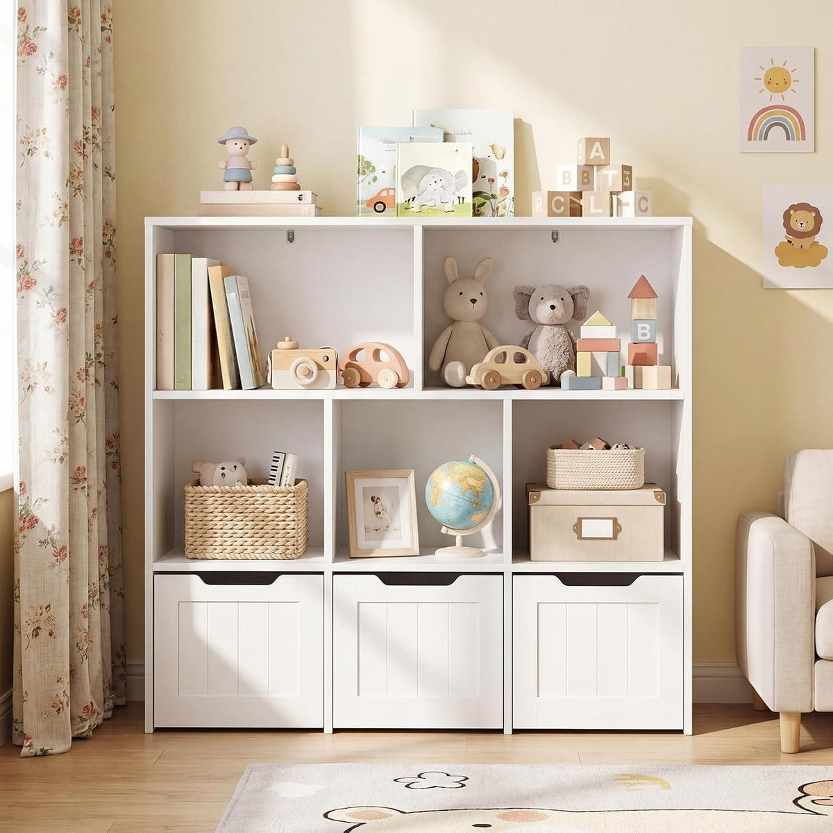 Wooden Kids Toy Storage Organizer Bookcase, 5 Open Cubes with 3 Rolling Wheeled Drawers, Multi‑Purpose Children Storage Cabinet for Playroom Kids Bedroom Nursery