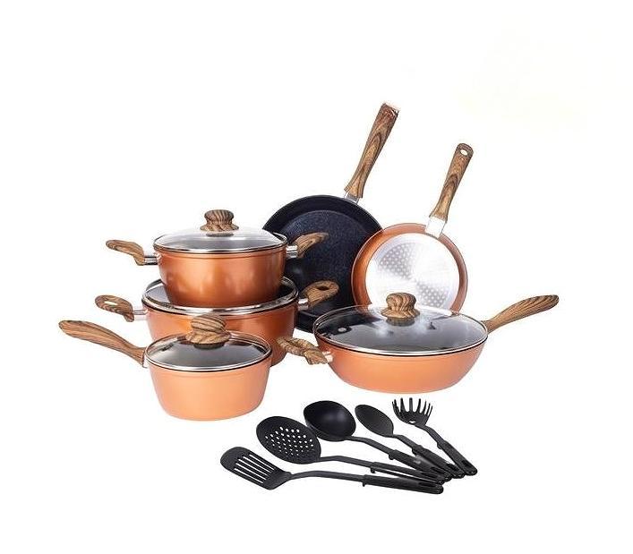 CZHMBM  Non Stick Pots and Pans Set Induction Hob Compatible Cookware with Lids Heat Resistant Easy Clean Durable Kitchenware for Home Cooking Copper Finish Wooden Handles - Oil