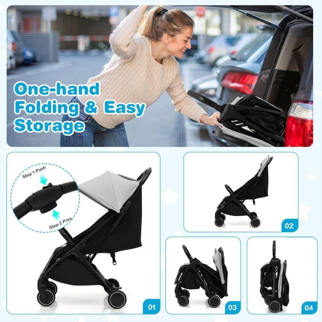Lightweight Portable Baby Stroller, One-Hand Fold Travel Pushchair with Washable Seat Cover, 5-Point Safety Harness, Adjustable Canopy & Backrest & Footrest, Anti-Slip Brake Travel Buggy for Newborns 0–3 Years