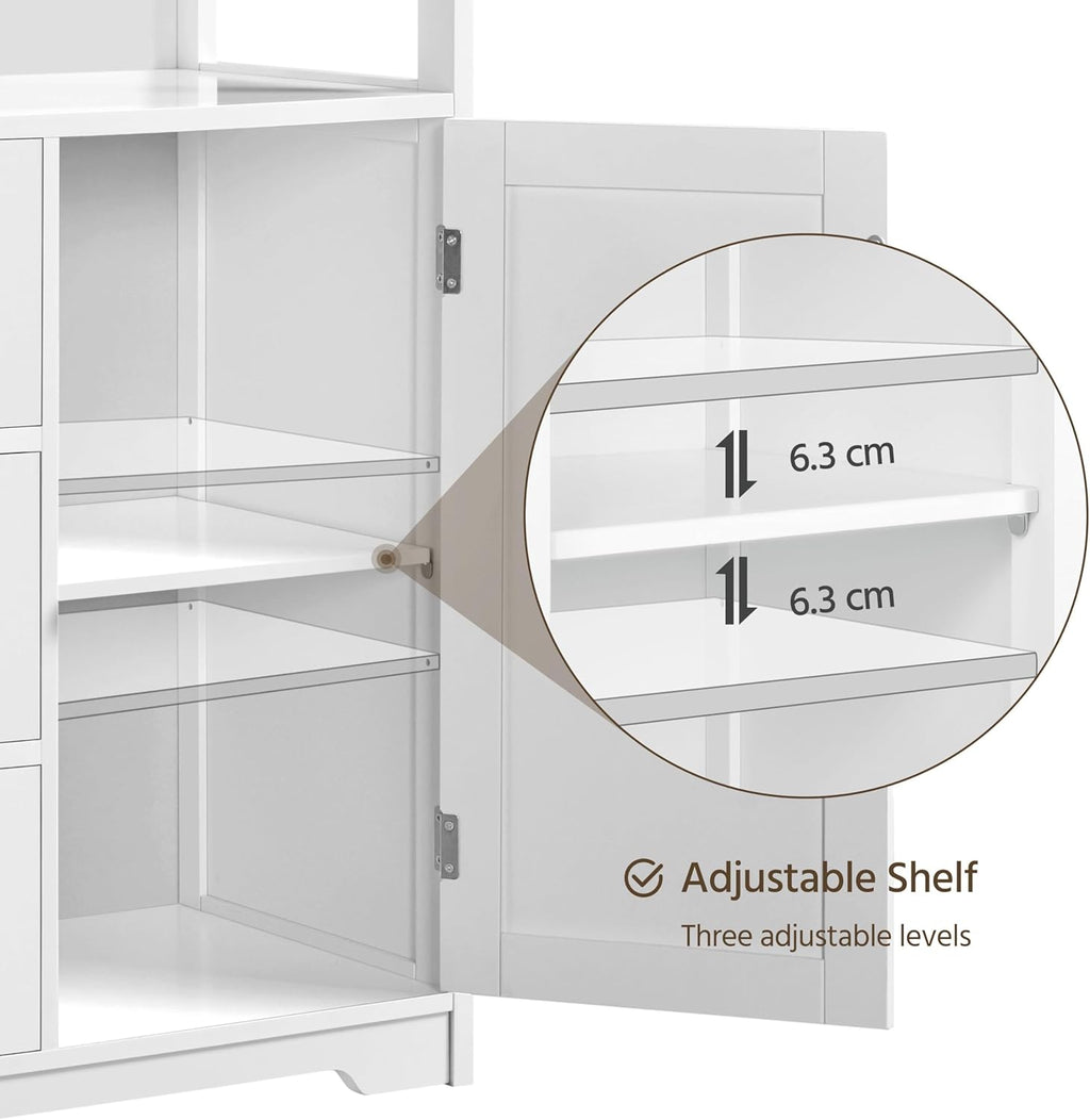 Modern White Freestanding Wooden Storage Cabinet, Accent Floor Organizer with Open Shelf, 3 Drawers & Adjustable Shelving, Multi‑Purpose Sideboard for Bathroom Living Room Kitchen Entryway