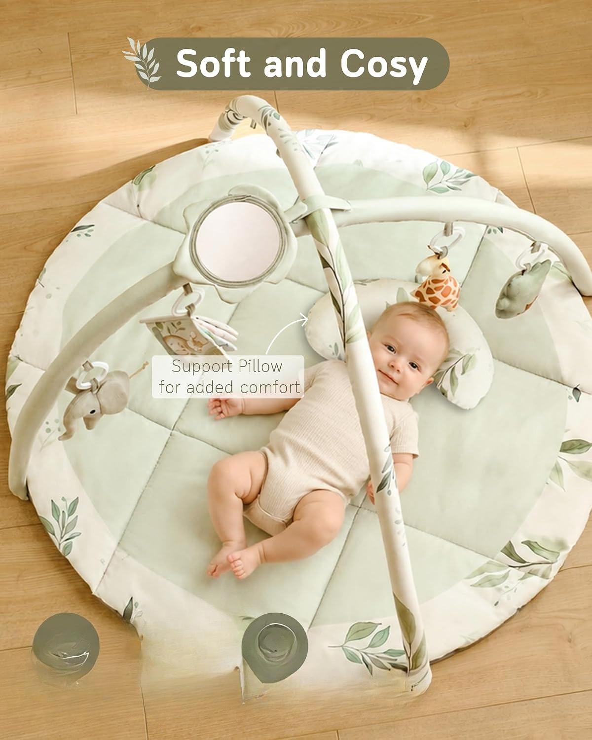 Baby Mat, Tummy Time Activity Play Mat with 5 Detachable Hanging Sensory Toys & Ergonomic Support Pillow, Foldable Machine Washable Infant Play Mat for Newborn Boys Girls 0‑12 Months for Nursery Playroom