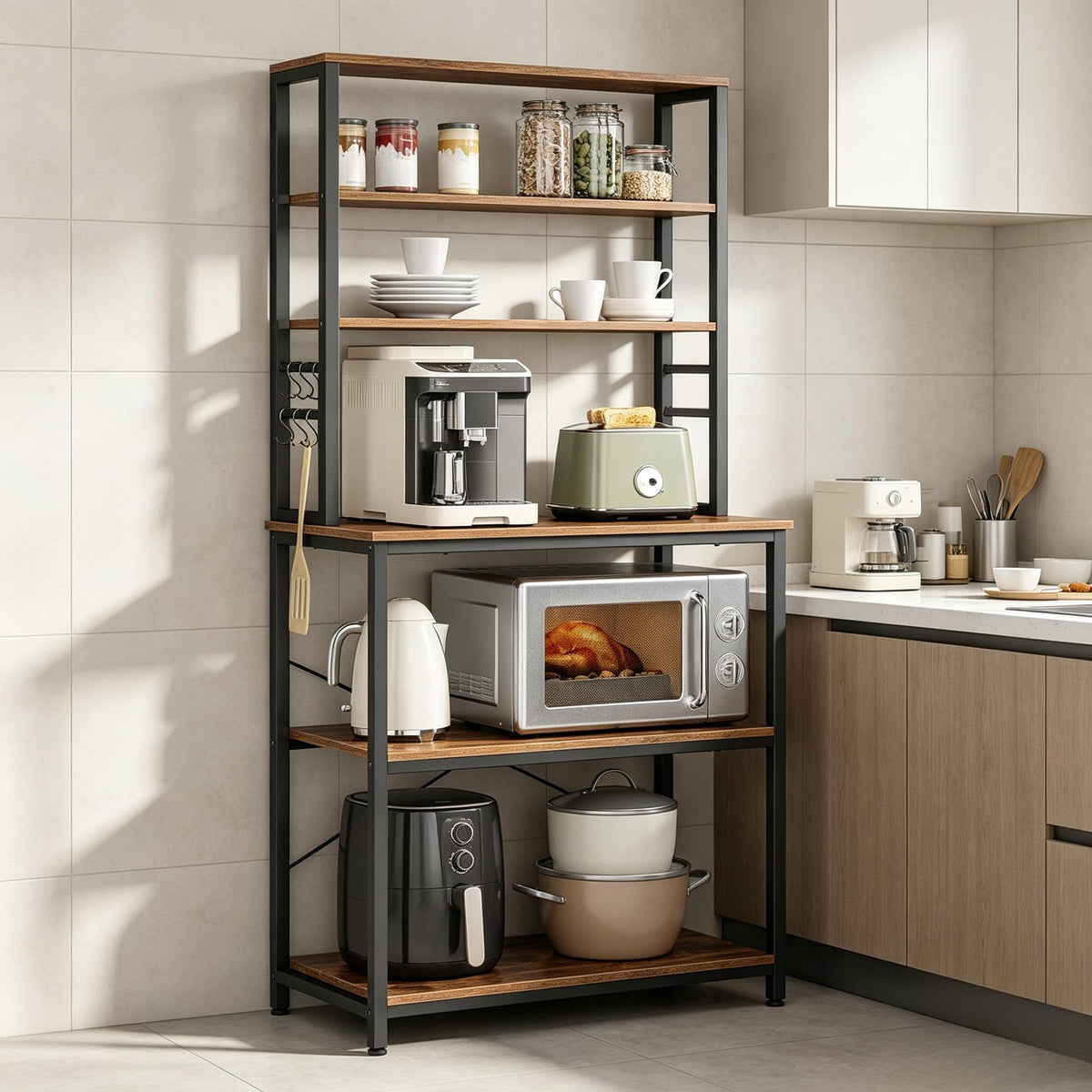 6‑Tier Heavy‑Duty Baker’s Rack with 6 Hooks, Freestanding Microwave Coffee Bar Storage Organizer for Kitchen Pantry Countertop