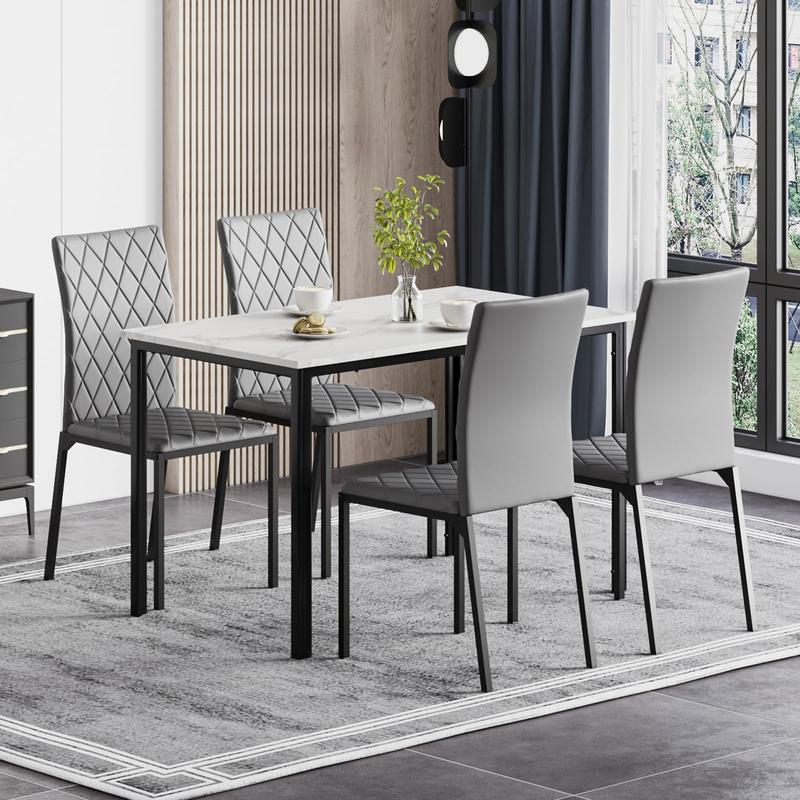 Modern Marble Effect Dining Table Set with PU Leather Chairs, 120x70cm Kitchen Furniture for Home & Apartment [Plus A Free Gift]