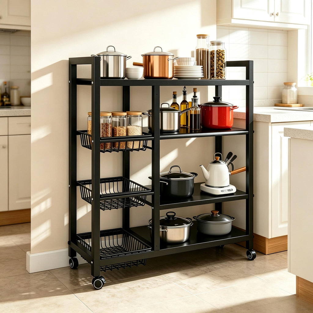 4‑Tier Heavy‑Duty Metal Kitchen Storage Cart Trolley with Wheels, Removable Fruit & Vegetable Baskets, Rolling Utility Organizer Rack, Multi‑Purpose Storage Shelf for Home Kitchen
