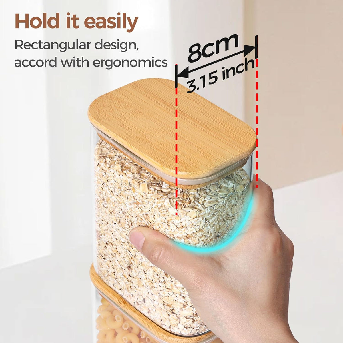 Rectangle Glass Storage Containers with Lids, Glass Jars with Bamboo Lids, Clear Food Storage Jar, Sugar Coffee Containers, Pantry Storage Container for Pasta Flour Oats Nuts