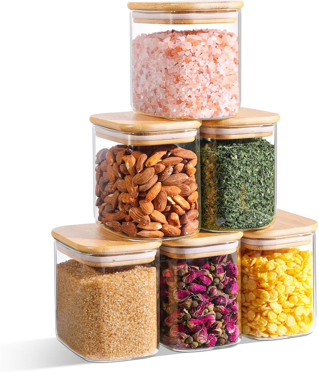Rectangle Glass Storage Containers with Lids, Glass Jars with Bamboo Lids, Clear Food Storage Jar, Sugar Coffee Containers, Pantry Storage Container for Pasta Flour Oats Nuts