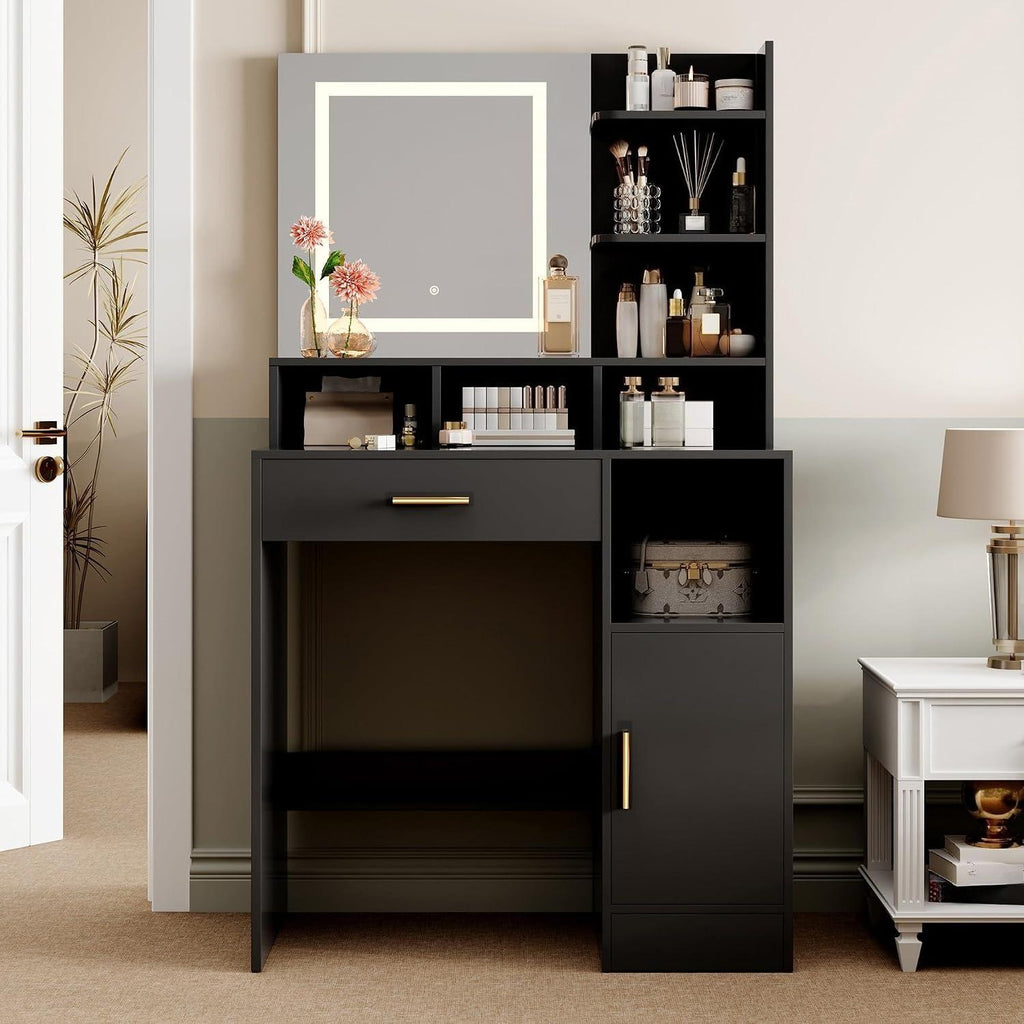 Modern Dressing Table, Vanity Desk with LED Lighted Mirror & Drawers, Touch‑Control 3 Color Modes Brightness Adjustable Makeup Table, Large Open Storage Shelves Cabinet, Cosmetic Vanity Desk for Bedroom