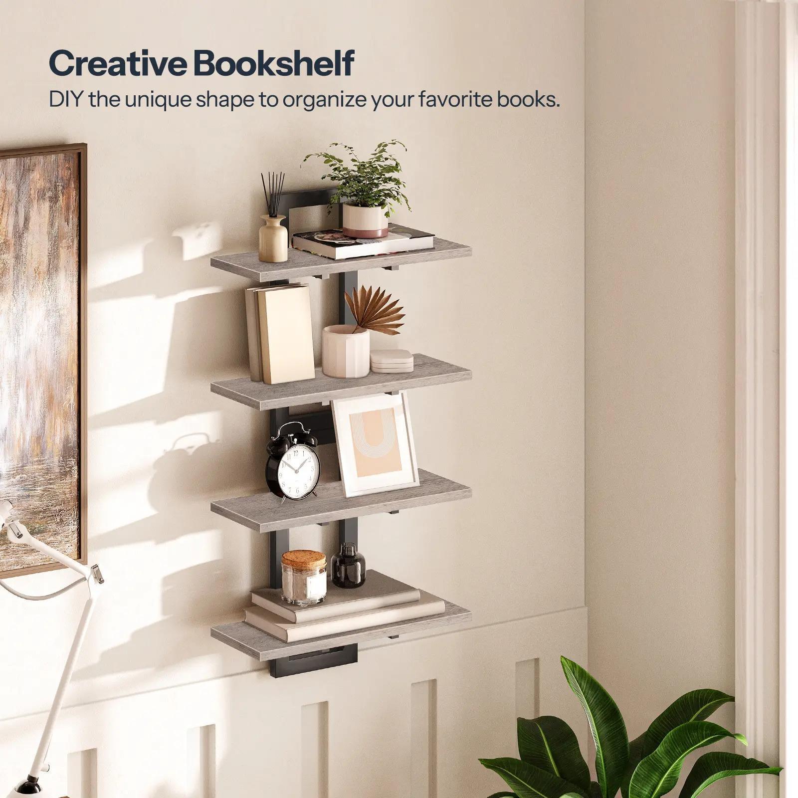 Set of 2 Double‑Tier Floating Wall Shelves, Wall‑Mounted Storage Display Racks, Heavy‑Duty Particleboard Metal Frame Wall Shelf for Kitchen Living Room Bedroom Bathroom Home Decor