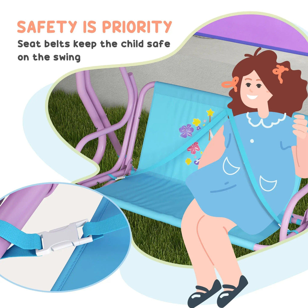 Fairy Themed Double Kids Swing Chair with Adjustable Canopy & Safety Seat Belts, 2-Seat Outdoor Garden Swing Bench for Patio Porch Backyard, Suitable for Boys Girls Ages 3-6 Years