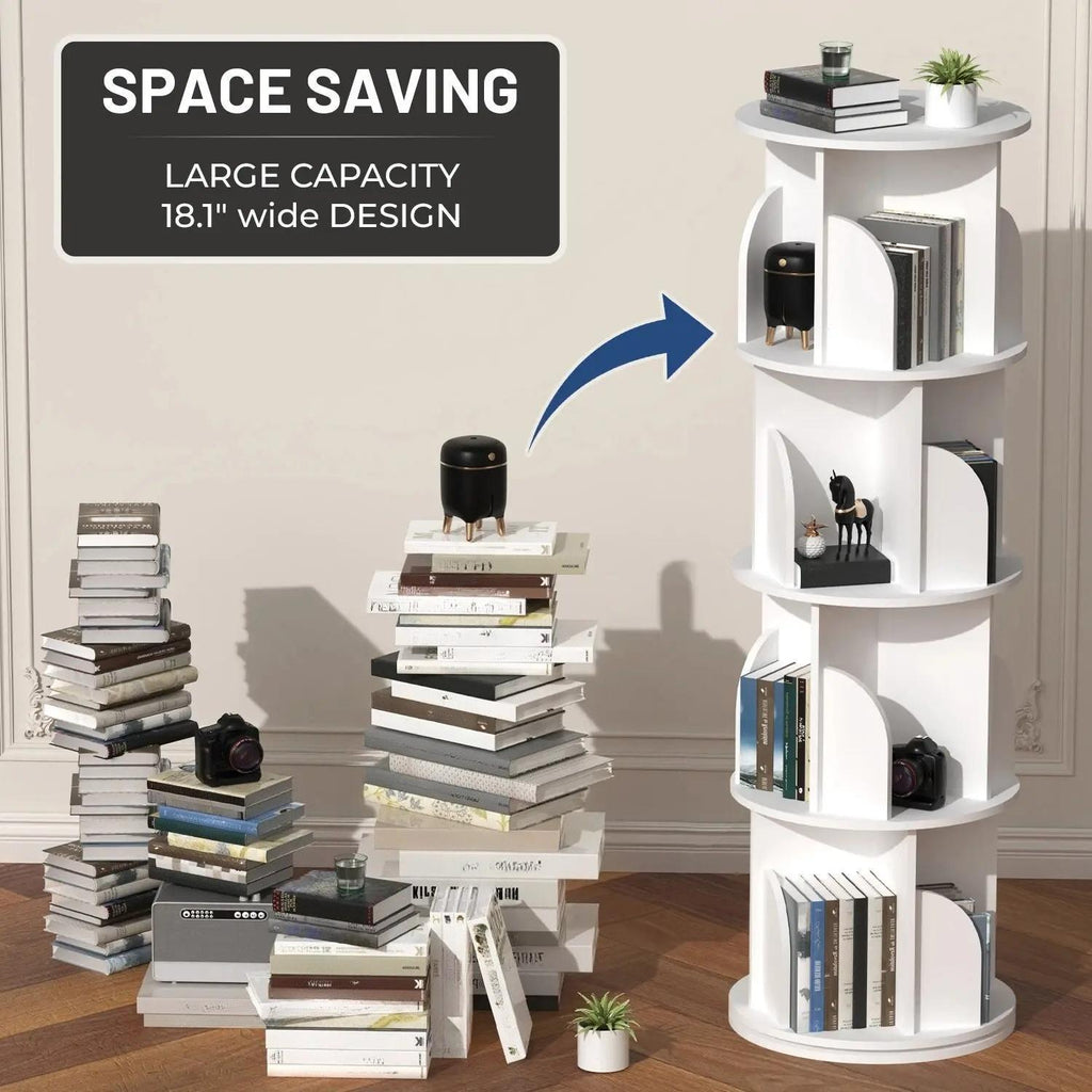 4-Tier 360° Rotating Bookshelf Tower, White Spinning Freestanding Bookcase with Divided Open Storage Compartments, Vertical Rotating Display Shelf Organizer for Bedroom Living Room Study Home Office