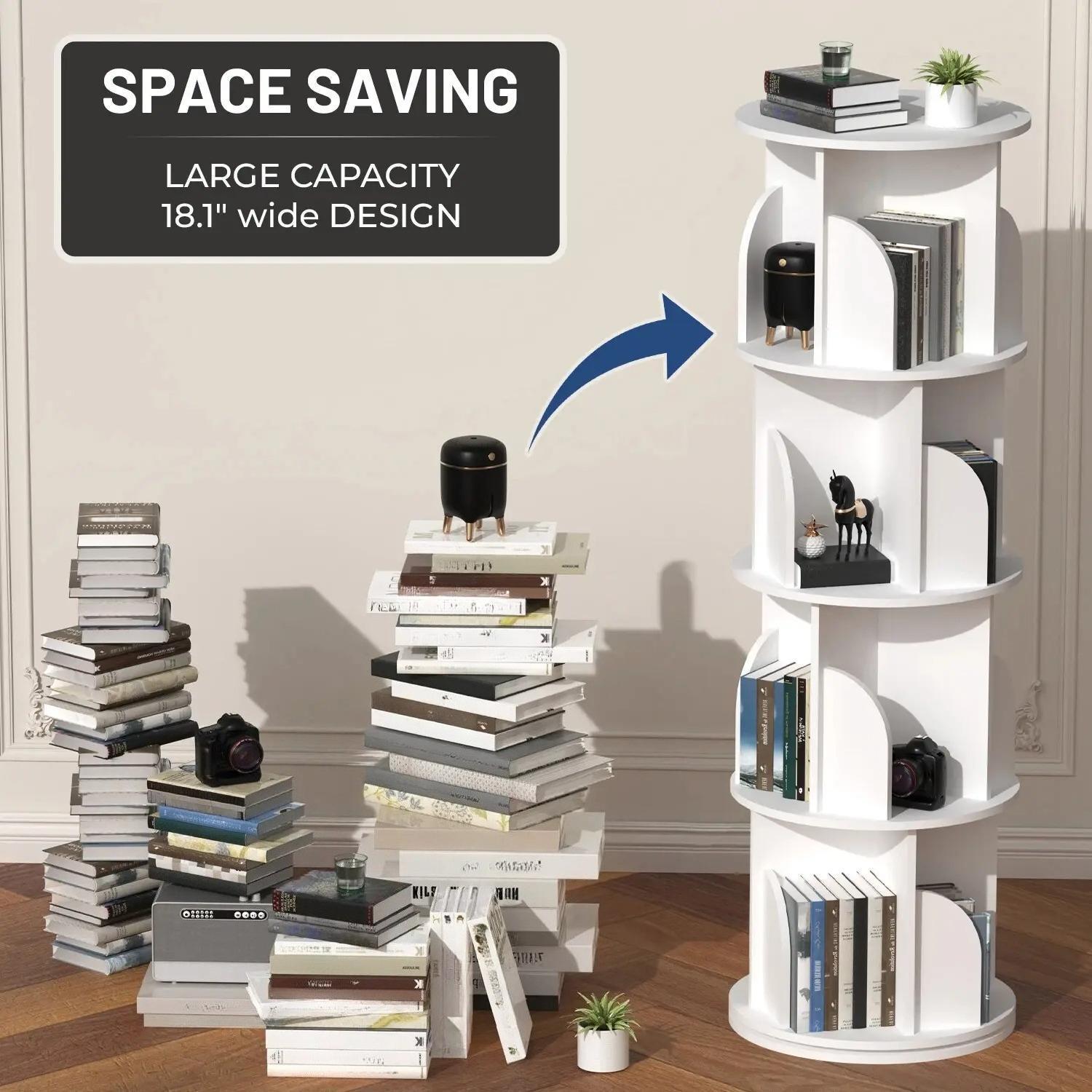 4-Tier 360° Rotating Bookshelf Tower, White Spinning Freestanding Bookcase with Divided Open Storage Compartments, Vertical Rotating Display Shelf Organizer for Bedroom Living Room Study Home Office