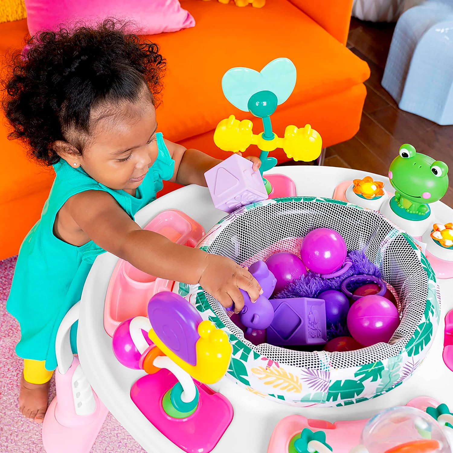 360° Rotatable 2-in-1 Baby Activity Center, Convertible Jumper & Play Table with 7 Interactive Toys, Adjustable Height and Storage Bag, Play Equipment for Infants 6 Months+