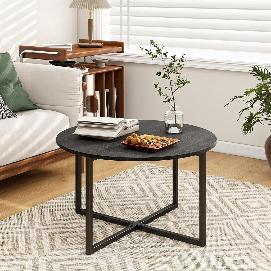 Round Coffee Table for Living Room - Modern Black & White Tea Table with Sturdy Metal Legs, Compact Design